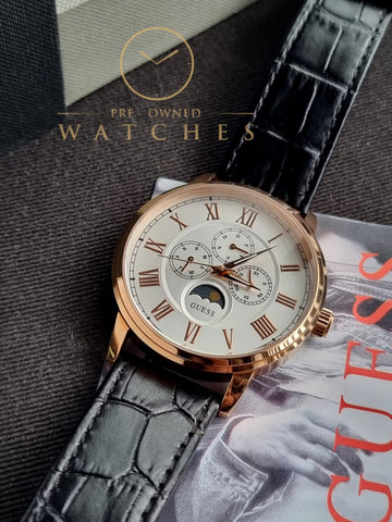 Guess Men’s Quartz Black Leather Strap White Dial 44mm Watch W0870G2